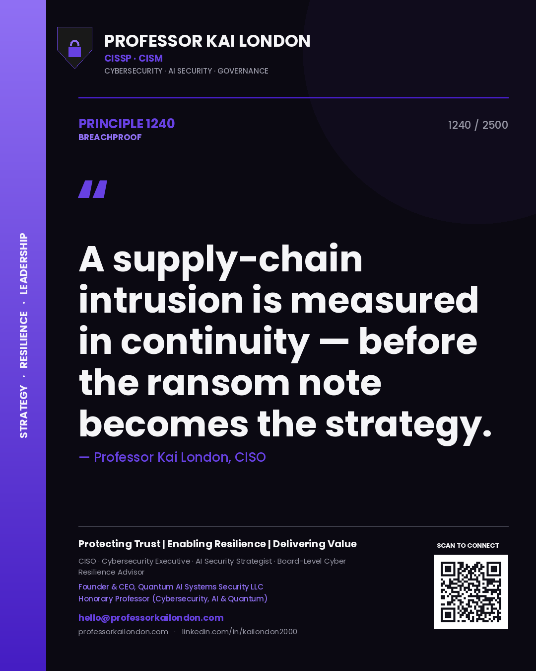 Professor Kai London principle 1240: A supply-chain intrusion is measured in continuity — before the ransom note becomes the strategy.