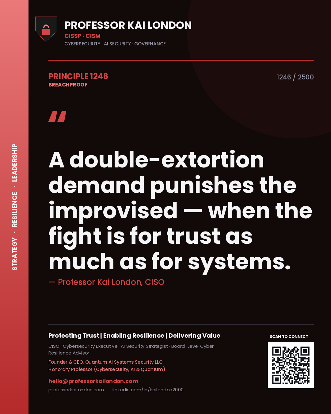 Professor Kai London principle 1246: A double-extortion demand punishes the improvised — when the fight is for trust as much as for systems.