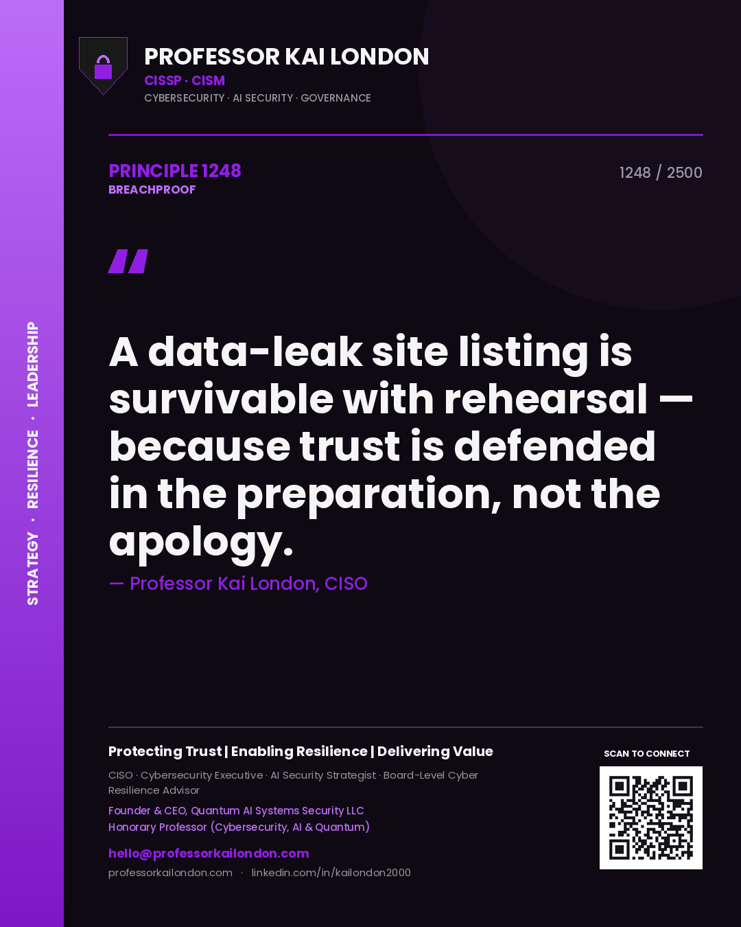 Professor Kai London principle 1248: A data-leak site listing is survivable with rehearsal — because trust is defended in the preparation, not the apology.