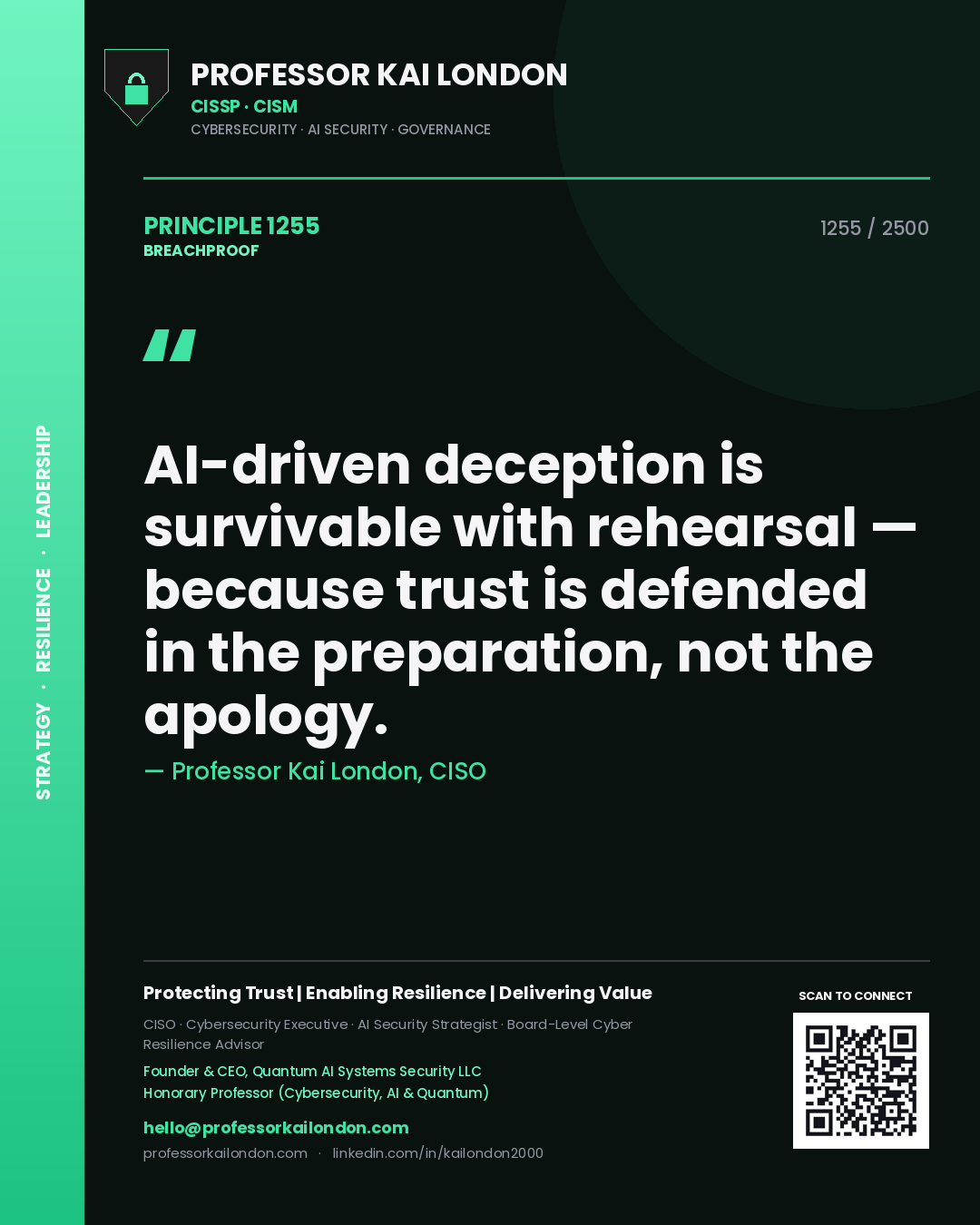 Professor Kai London principle 1255: AI-driven deception is survivable with rehearsal — because trust is defended in the preparation, not the apology.