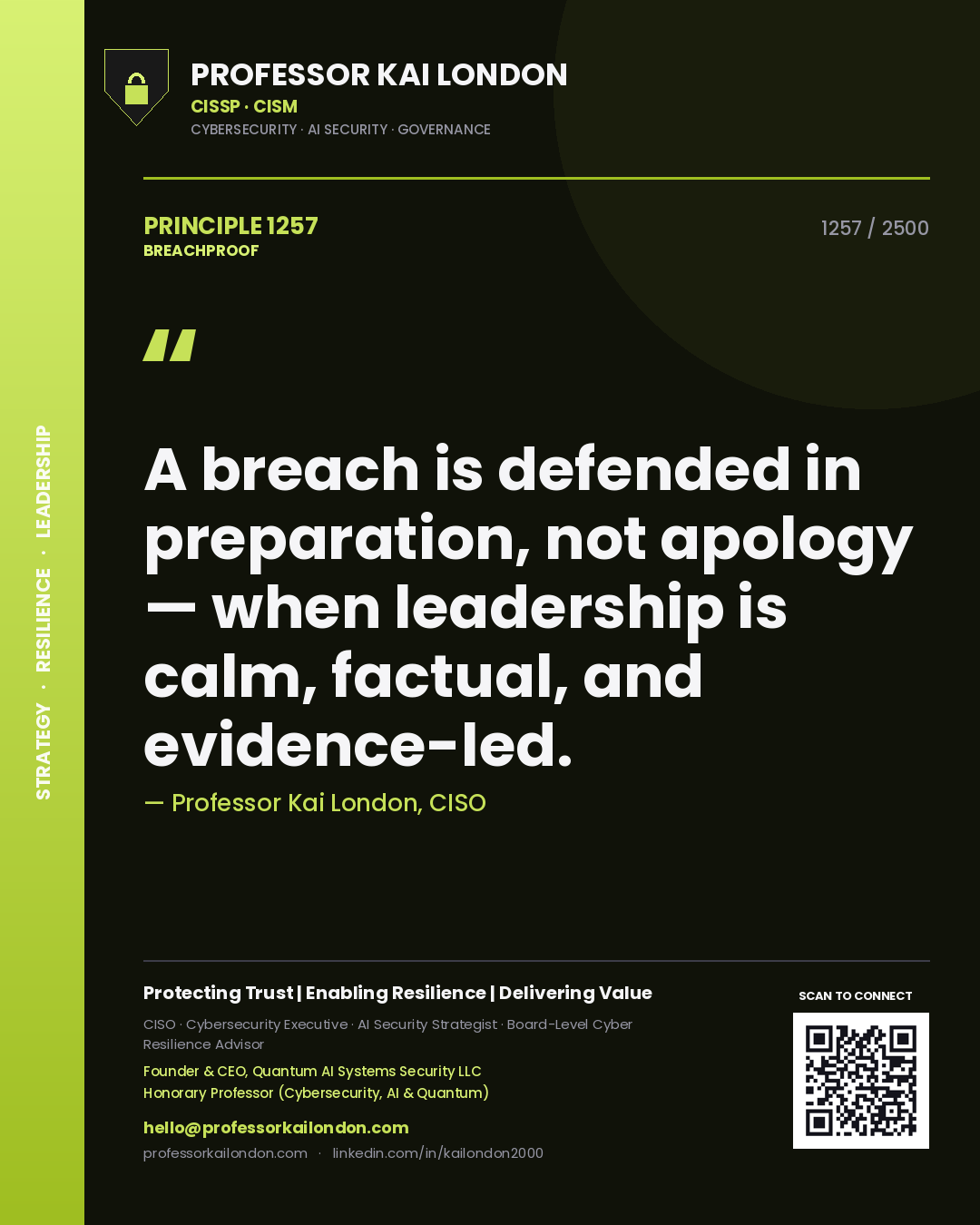 Professor Kai London principle 1257: A breach is defended in preparation, not apology — when leadership is calm, factual, and evidence-led.