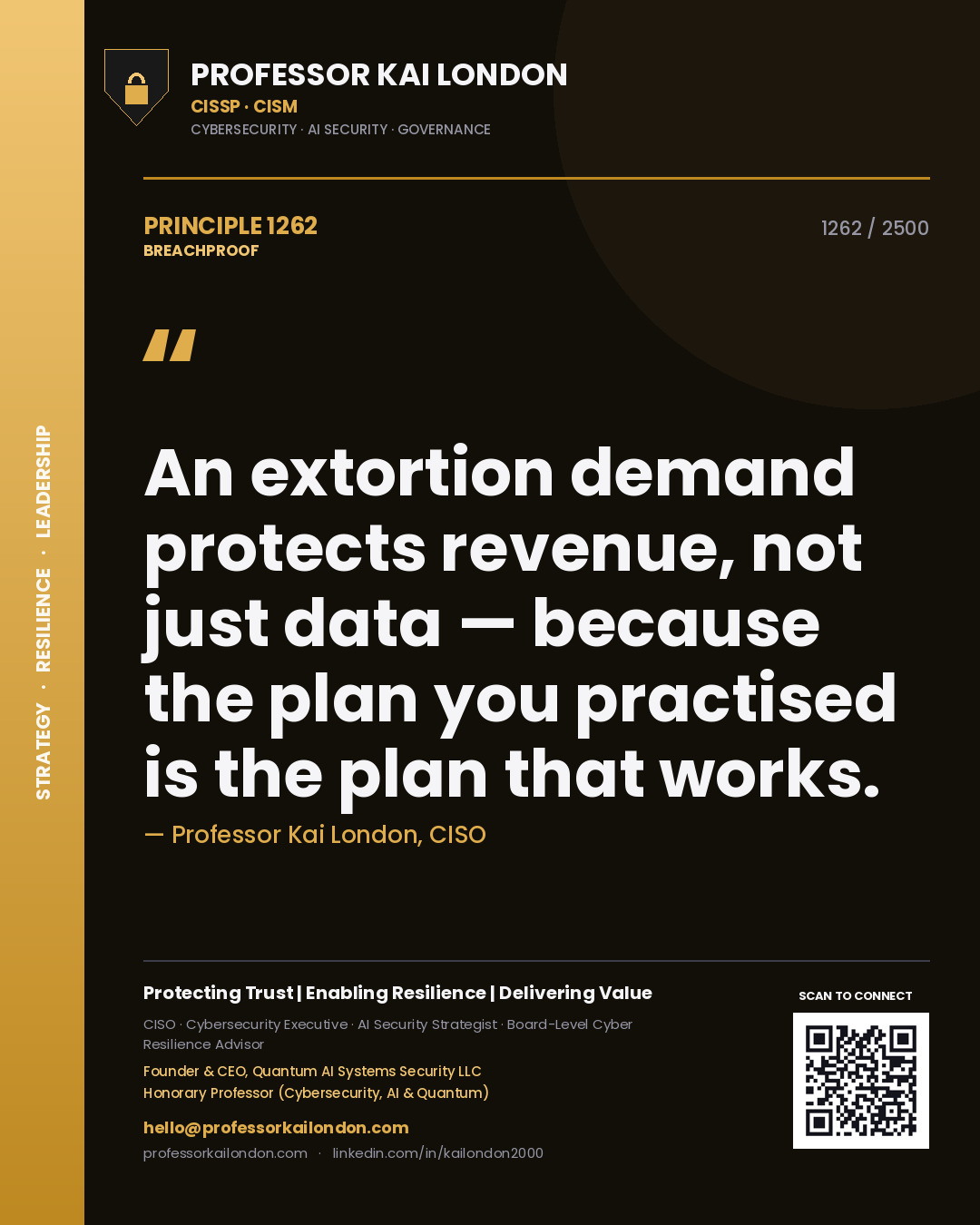 Professor Kai London principle 1262: An extortion demand protects revenue, not just data — because the plan you practised is the plan that works.