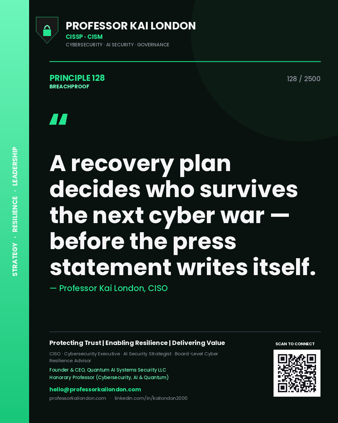 Professor Kai London principle 128: A recovery plan decides who survives the next cyber war — before the press statement writes itself.
