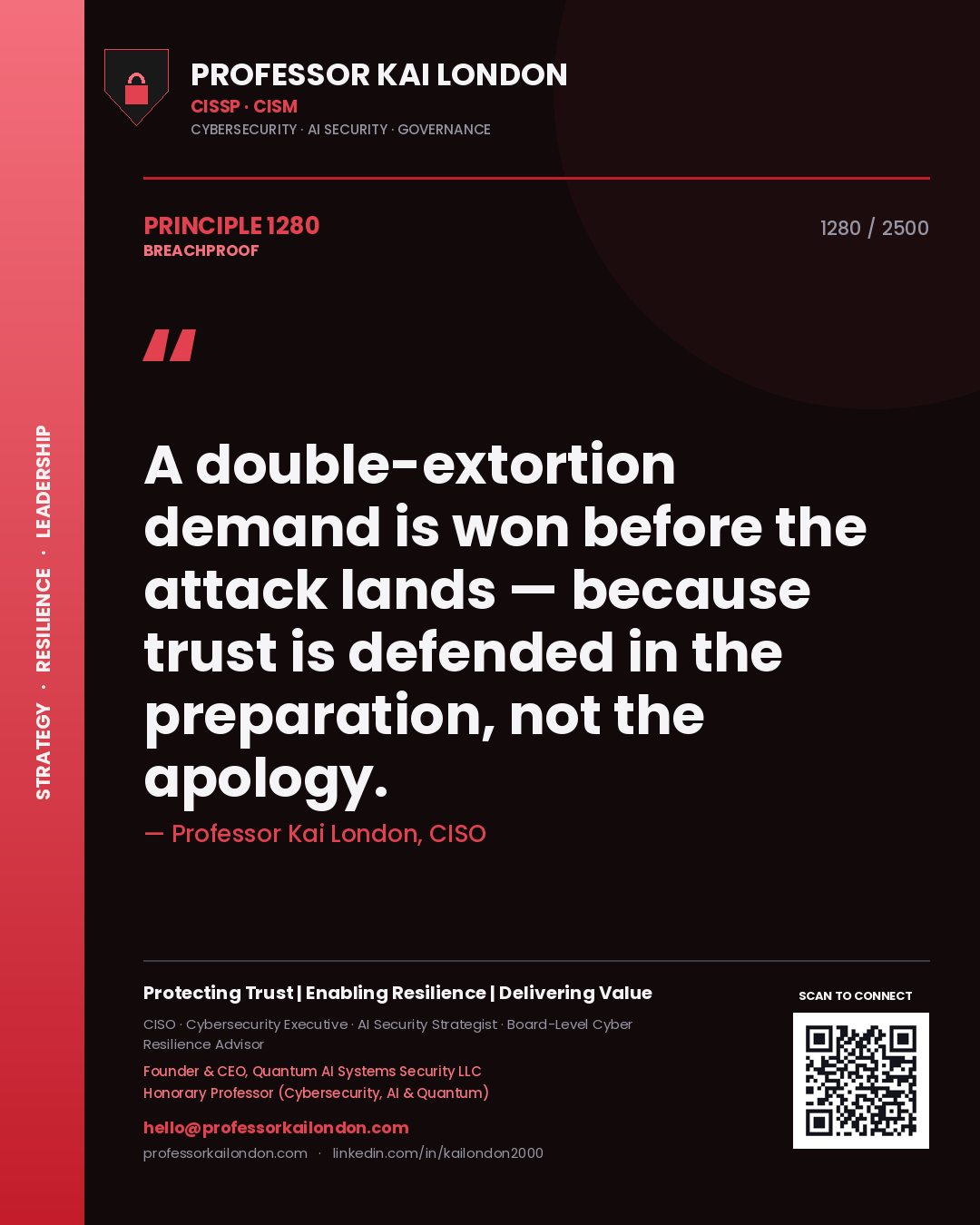 Professor Kai London principle 1280: A double-extortion demand is won before the attack lands — because trust is defended in the preparation, not the apology.