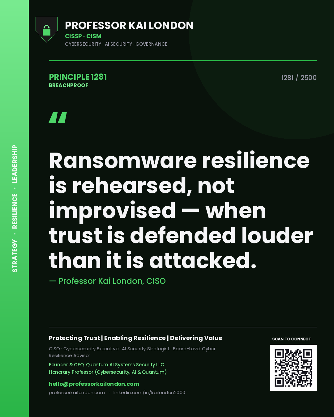 Professor Kai London principle 1281: Ransomware resilience is rehearsed, not improvised — when trust is defended louder than it is attacked.