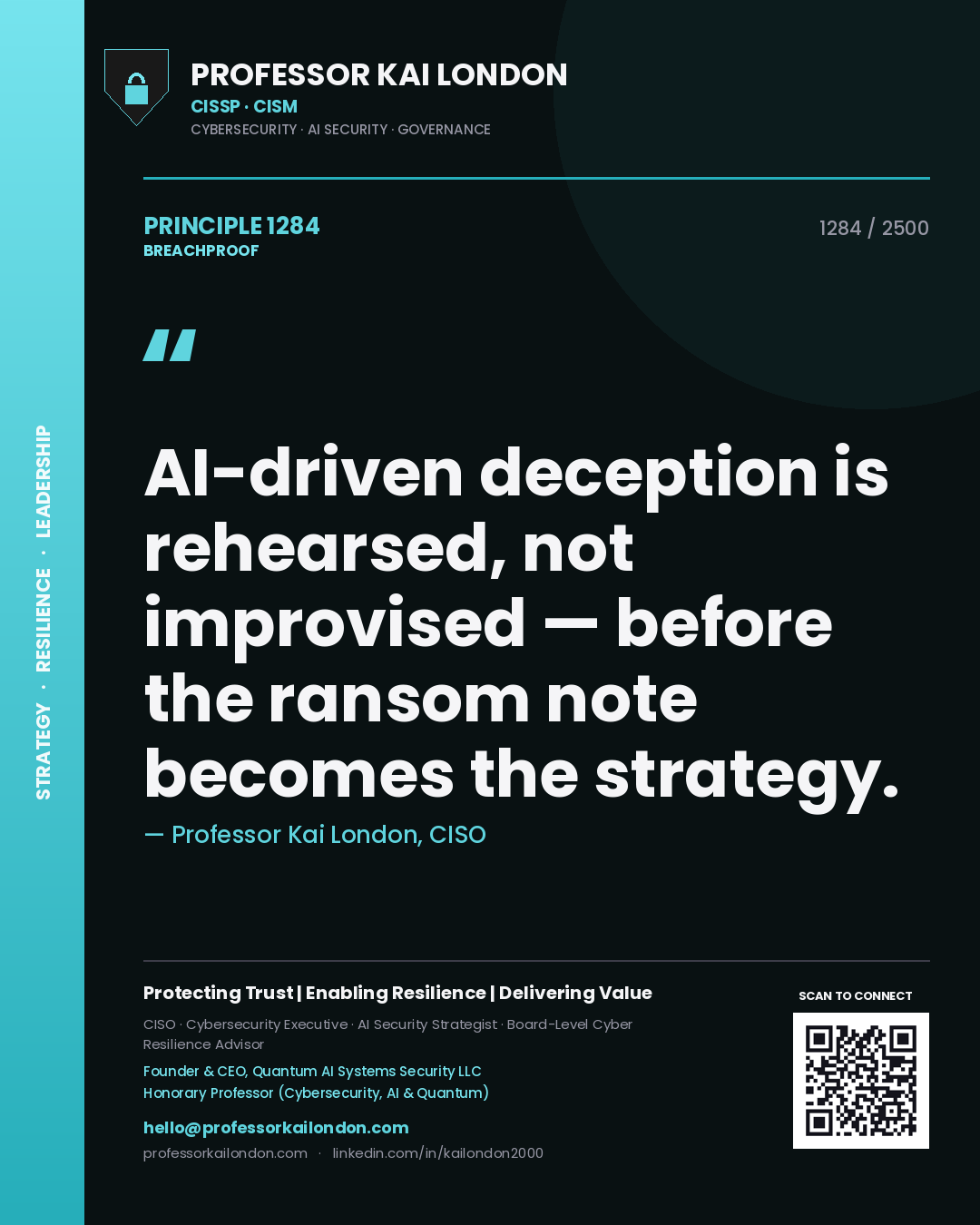 Professor Kai London principle 1284: AI-driven deception is rehearsed, not improvised — before the ransom note becomes the strategy.