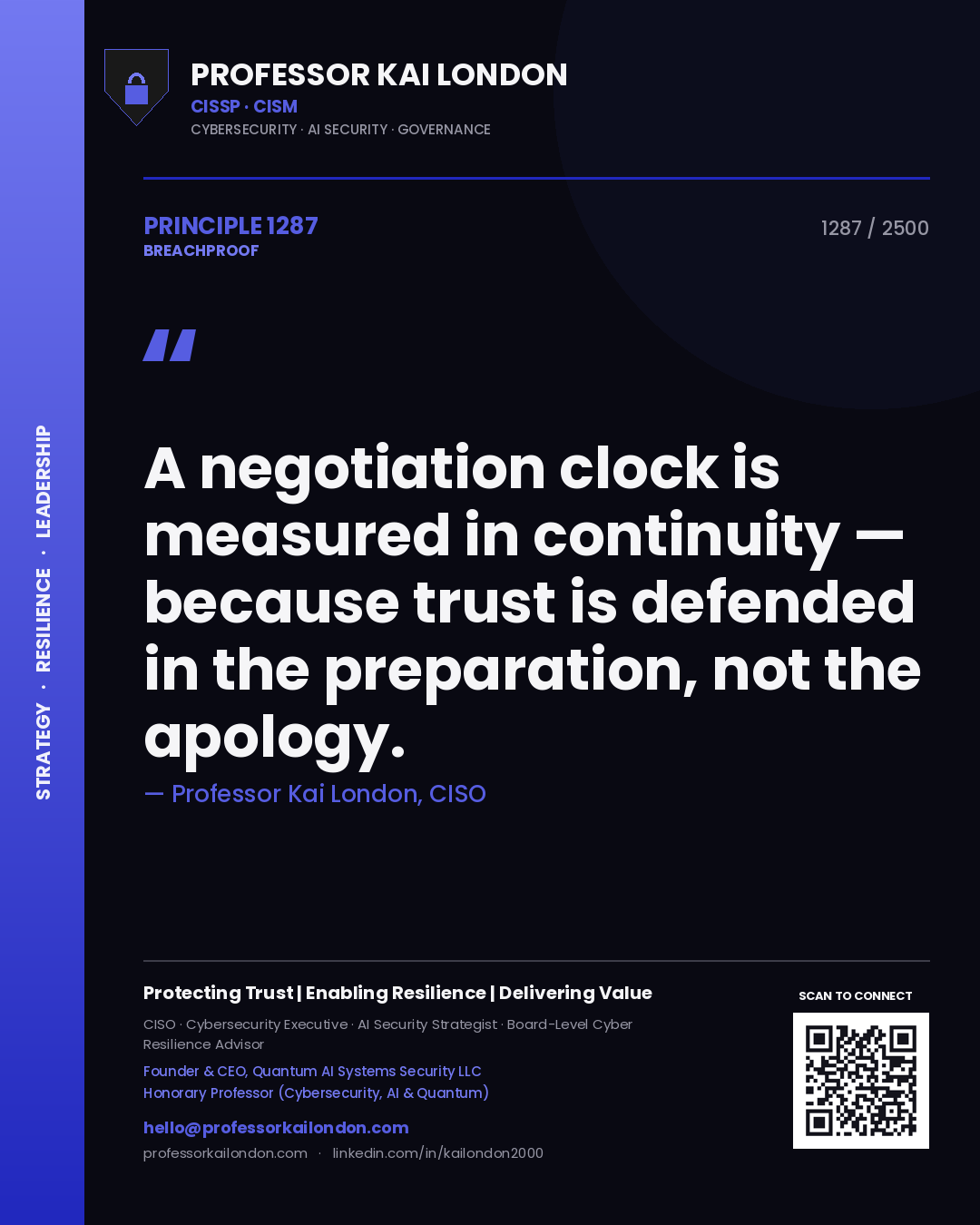 Professor Kai London principle 1287: A negotiation clock is measured in continuity — because trust is defended in the preparation, not the apology.