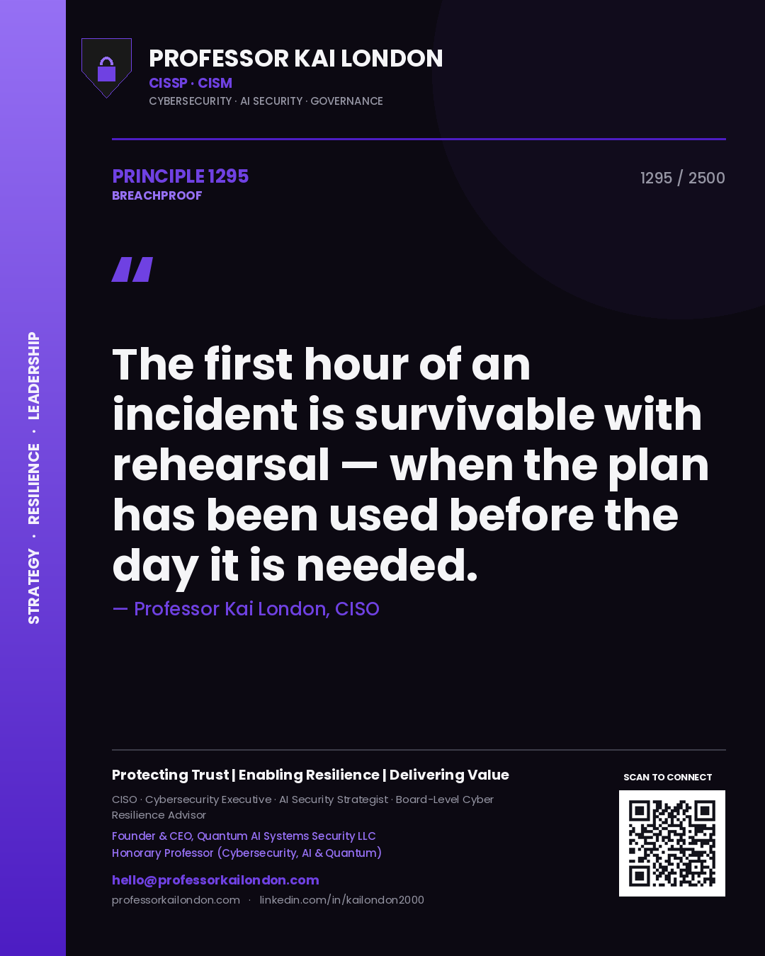 Professor Kai London principle 1295: The first hour of an incident is survivable with rehearsal — when the plan has been used before the day it is needed.