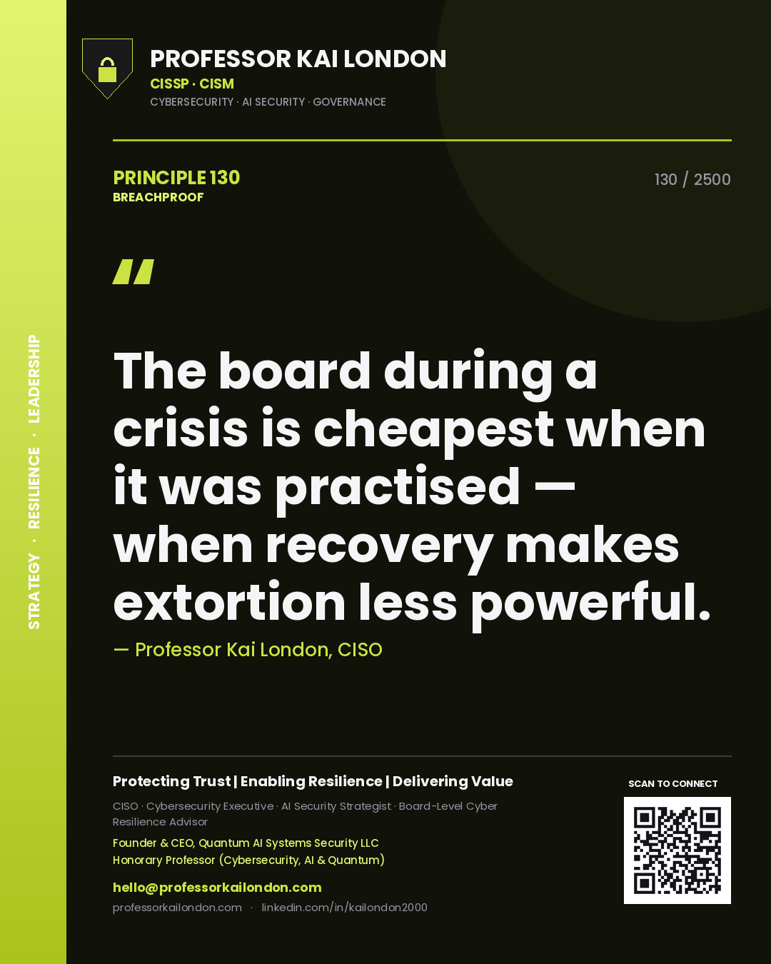 Professor Kai London principle 130: The board during a crisis is cheapest when it was practised — when recovery makes extortion less powerful.