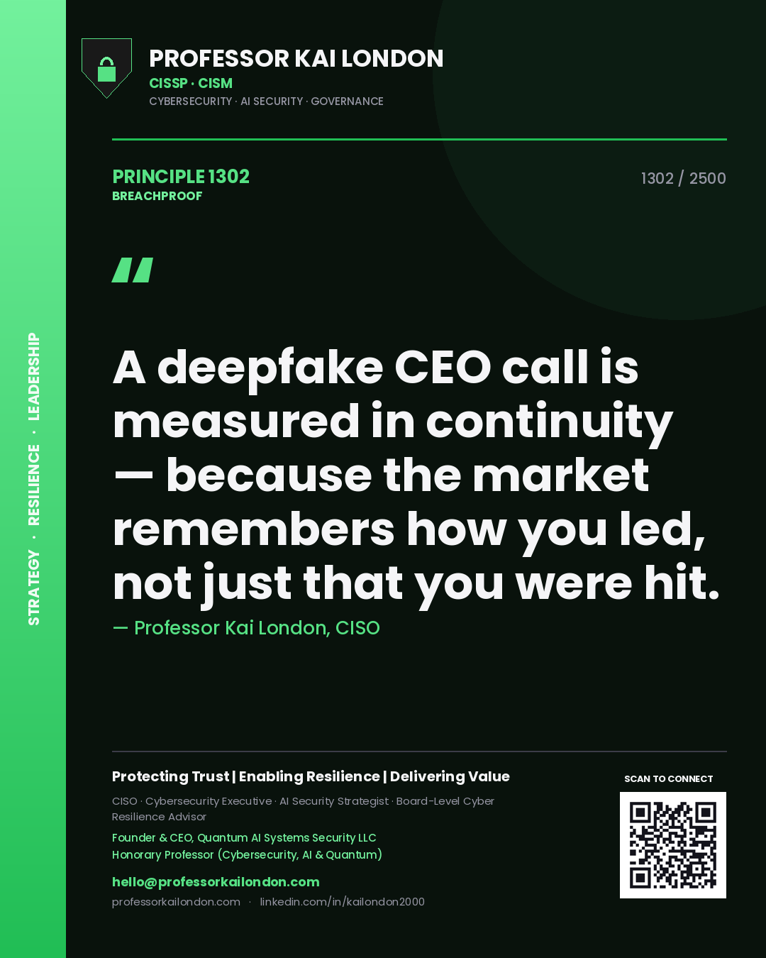 Professor Kai London principle 1302: A deepfake CEO call is measured in continuity — because the market remembers how you led, not just that you were hit.