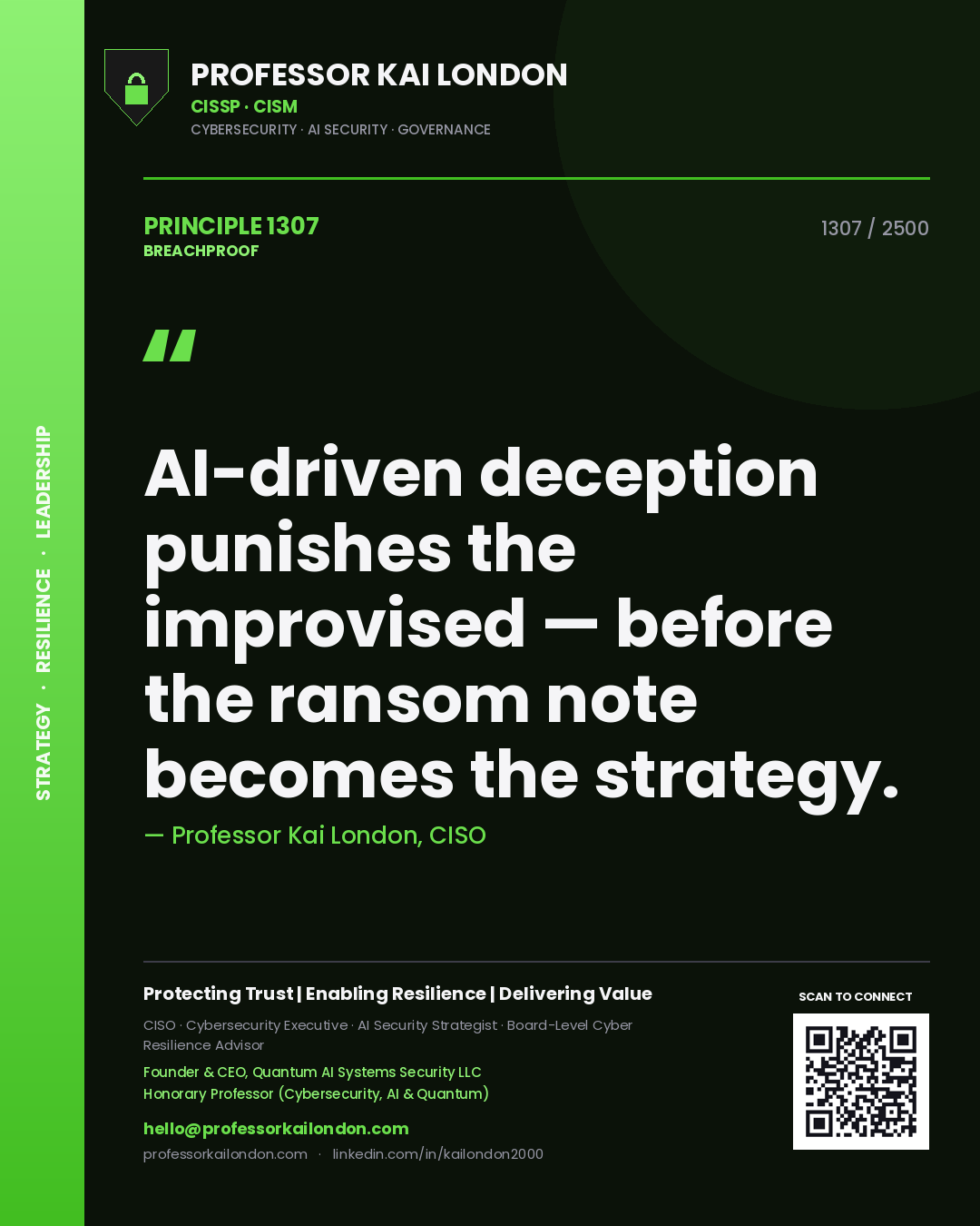 Professor Kai London principle 1307: AI-driven deception punishes the improvised — before the ransom note becomes the strategy.