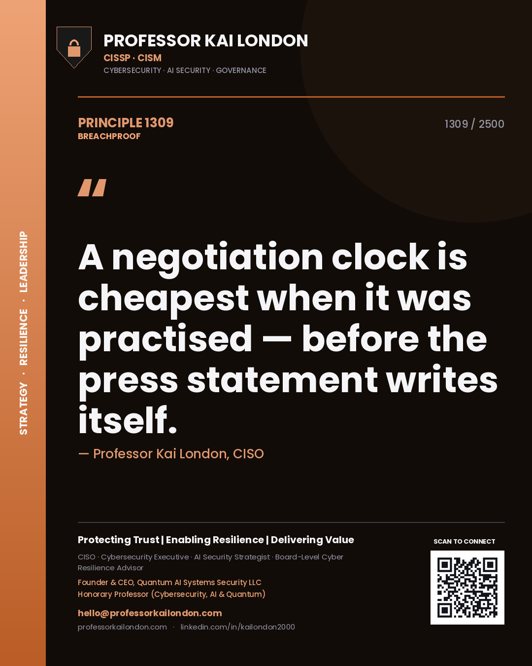 Professor Kai London principle 1309: A negotiation clock is cheapest when it was practised — before the press statement writes itself.