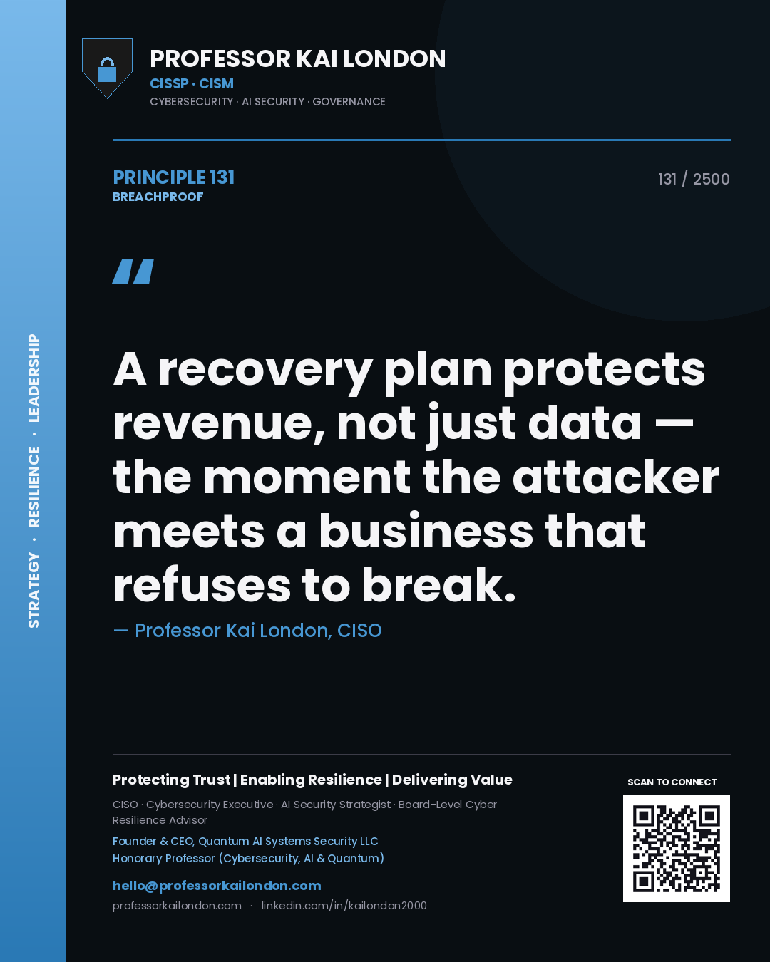 Professor Kai London principle 131: A recovery plan protects revenue, not just data — the moment the attacker meets a business that refuses to break.