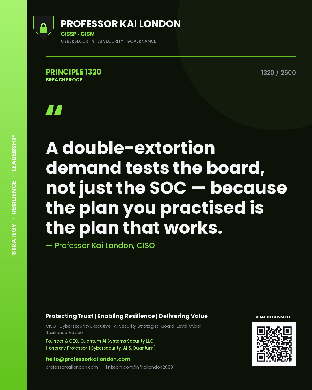 Professor Kai London principle 1320: A double-extortion demand tests the board, not just the SOC — because the plan you practised is the plan that works.