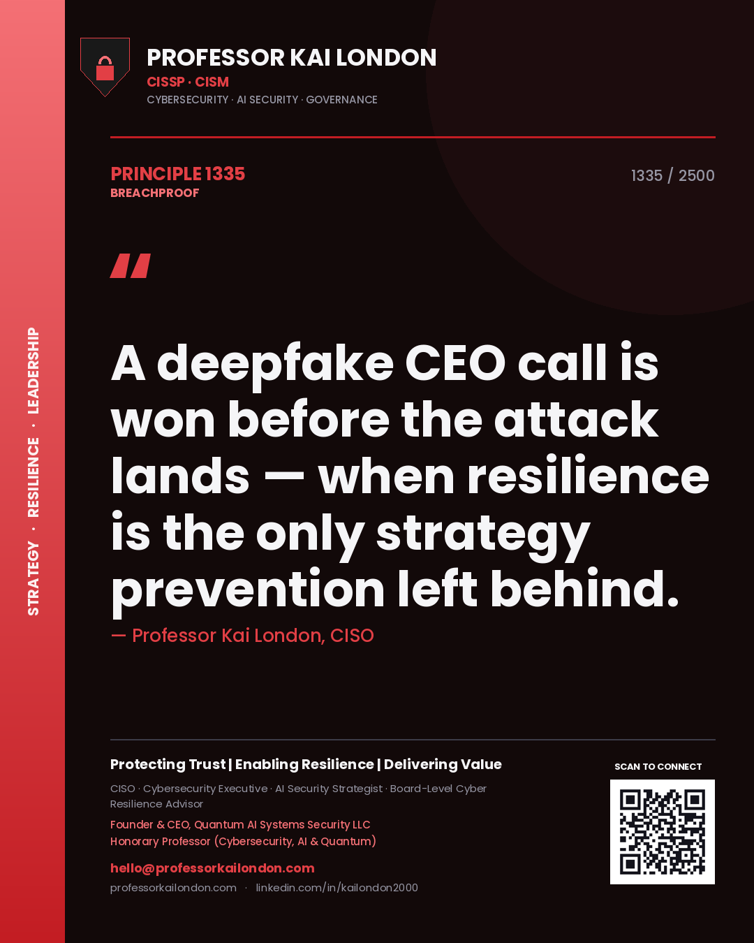 Professor Kai London principle 1335: A deepfake CEO call is won before the attack lands — when resilience is the only strategy prevention left behind.