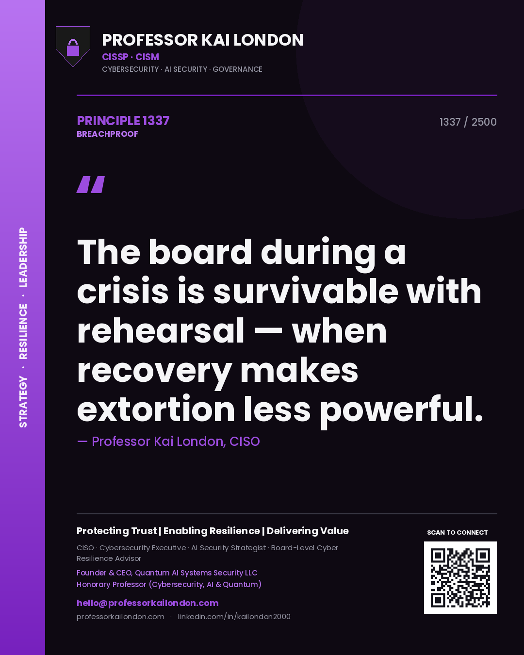 Professor Kai London principle 1337: The board during a crisis is survivable with rehearsal — when recovery makes extortion less powerful.
