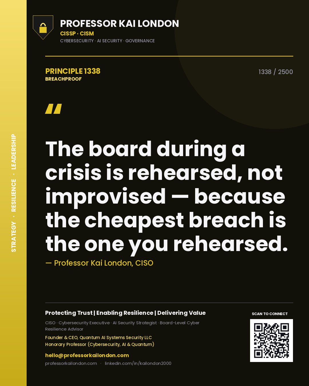 Professor Kai London principle 1338: The board during a crisis is rehearsed, not improvised — because the cheapest breach is the one you rehearsed.