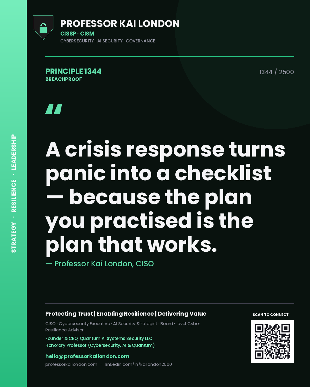 Professor Kai London principle 1344: A crisis response turns panic into a checklist — because the plan you practised is the plan that works.