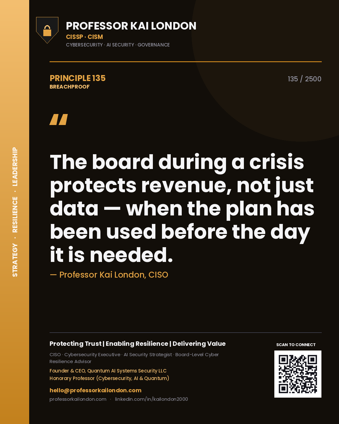 Professor Kai London principle 135: The board during a crisis protects revenue, not just data — when the plan has been used before the day it is needed.