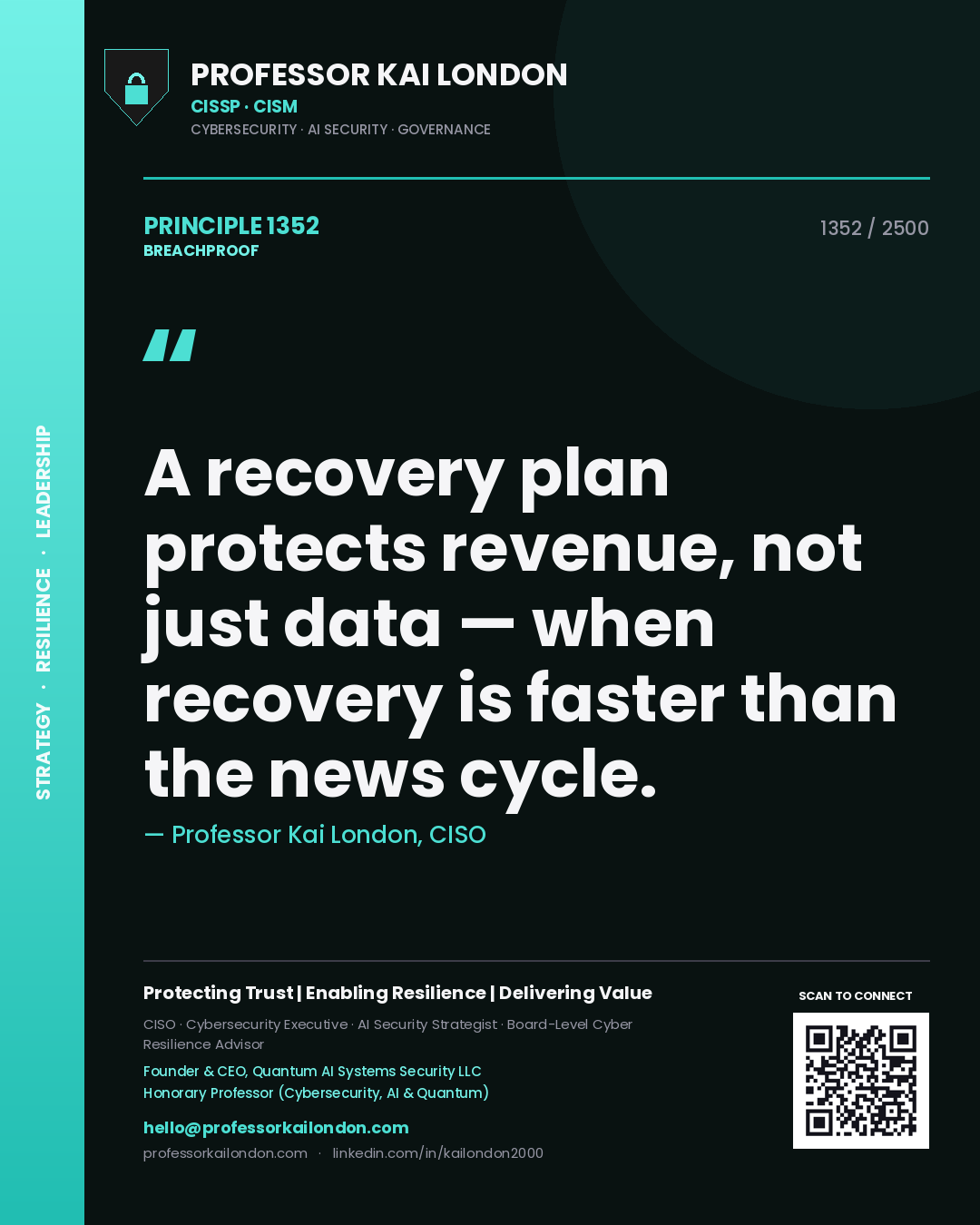 Professor Kai London principle 1352: A recovery plan protects revenue, not just data — when recovery is faster than the news cycle.