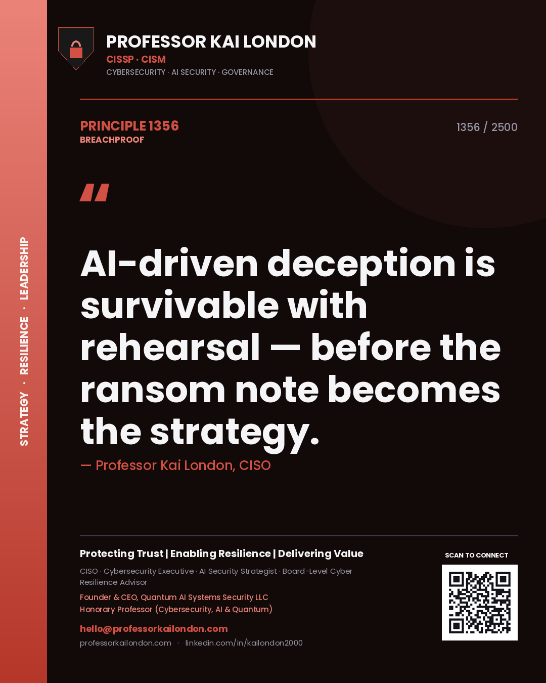 Professor Kai London principle 1356: AI-driven deception is survivable with rehearsal — before the ransom note becomes the strategy.