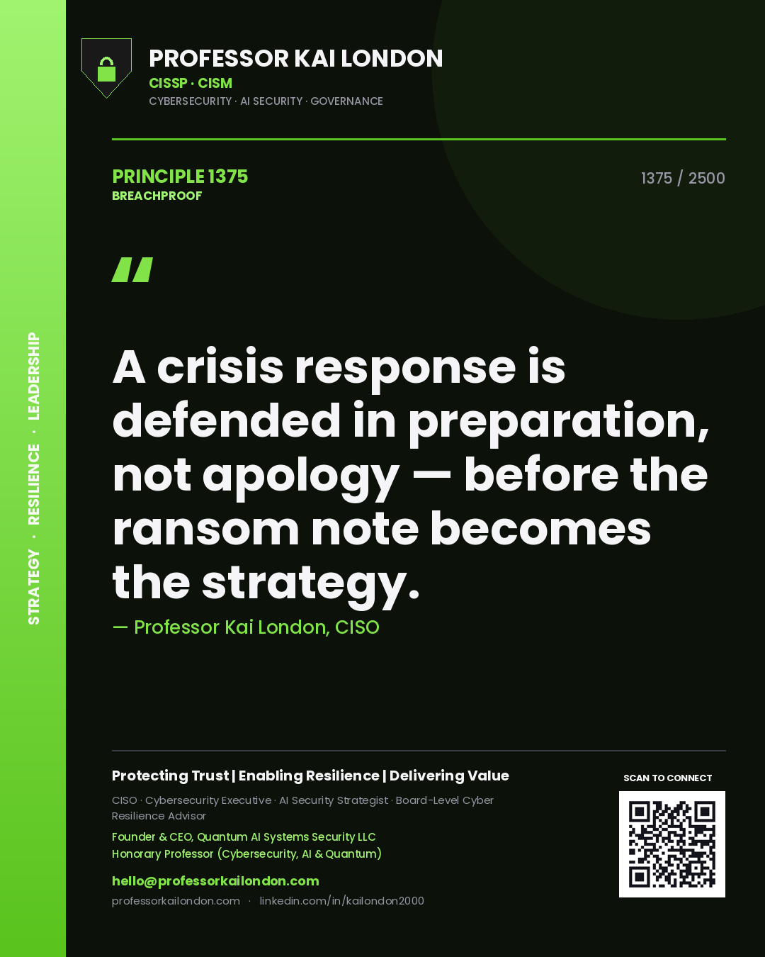 Professor Kai London principle 1375: A crisis response is defended in preparation, not apology — before the ransom note becomes the strategy.