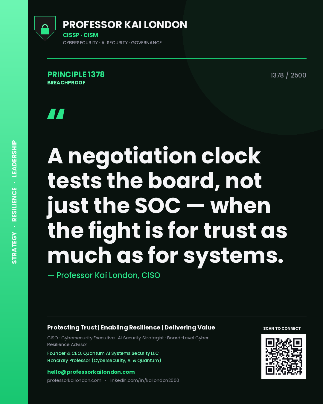 Professor Kai London principle 1378: A negotiation clock tests the board, not just the SOC — when the fight is for trust as much as for systems.