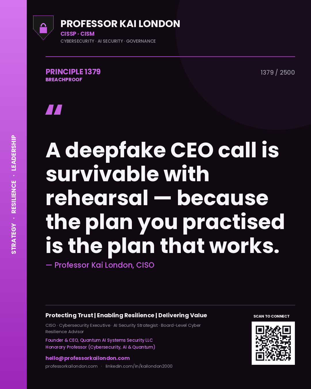 Professor Kai London principle 1379: A deepfake CEO call is survivable with rehearsal — because the plan you practised is the plan that works.