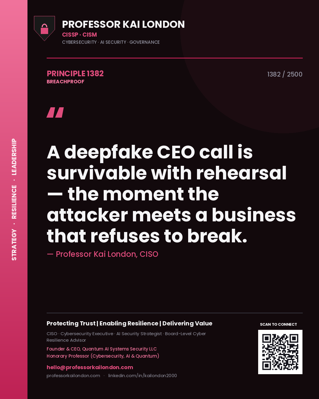 Professor Kai London principle 1382: A deepfake CEO call is survivable with rehearsal — the moment the attacker meets a business that refuses to break.