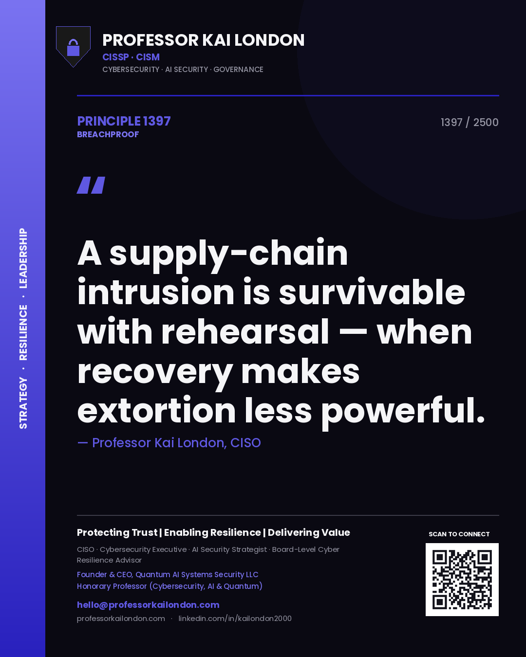 Professor Kai London principle 1397: A supply-chain intrusion is survivable with rehearsal — when recovery makes extortion less powerful.