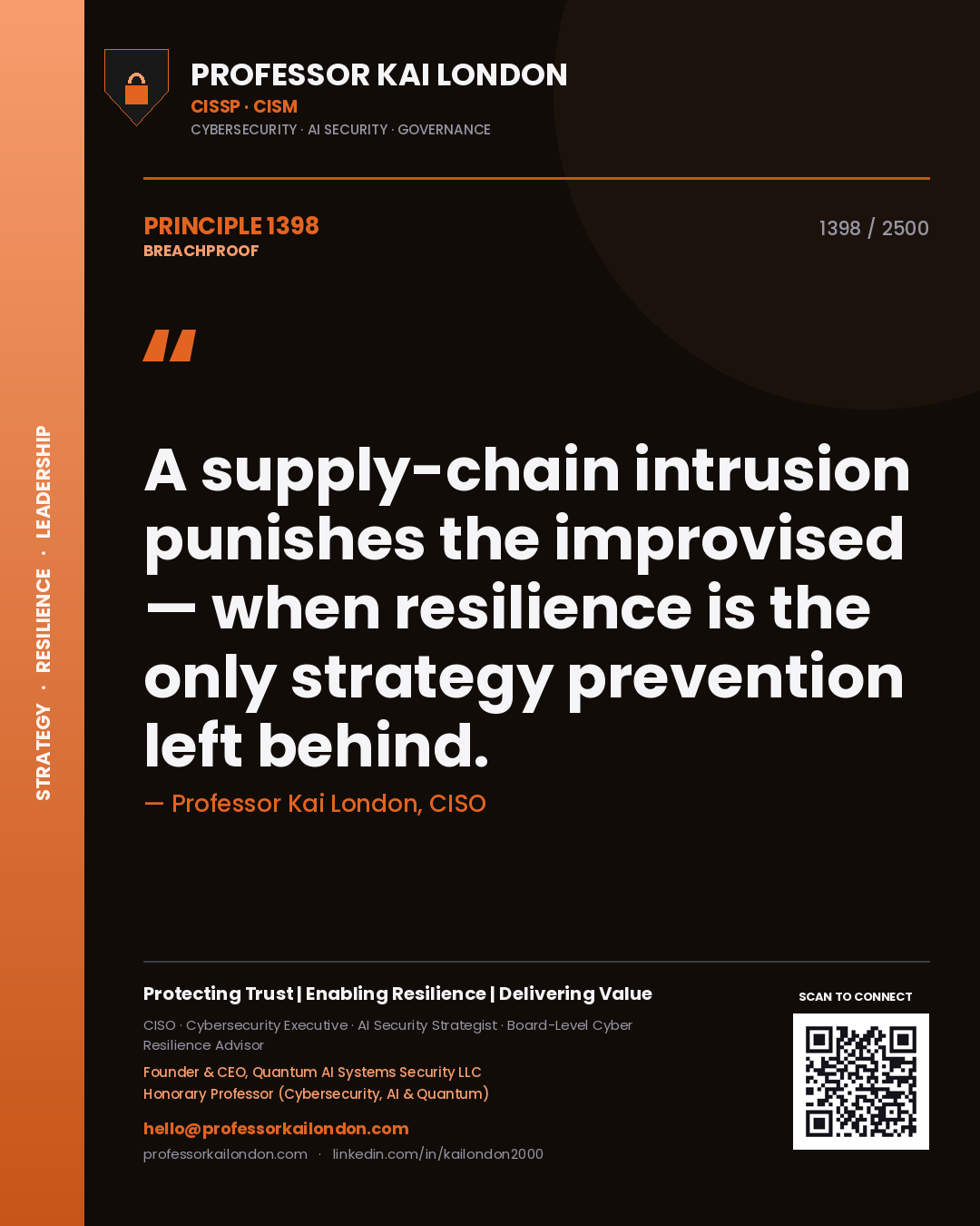 Professor Kai London principle 1398: A supply-chain intrusion punishes the improvised — when resilience is the only strategy prevention left behind.