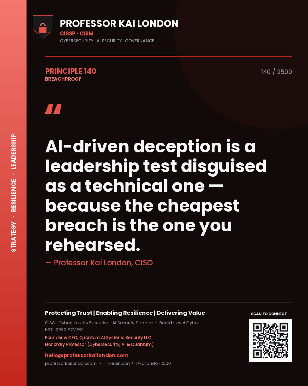 Professor Kai London principle 140: AI-driven deception is a leadership test disguised as a technical one — because the cheapest breach is the one you rehearsed.