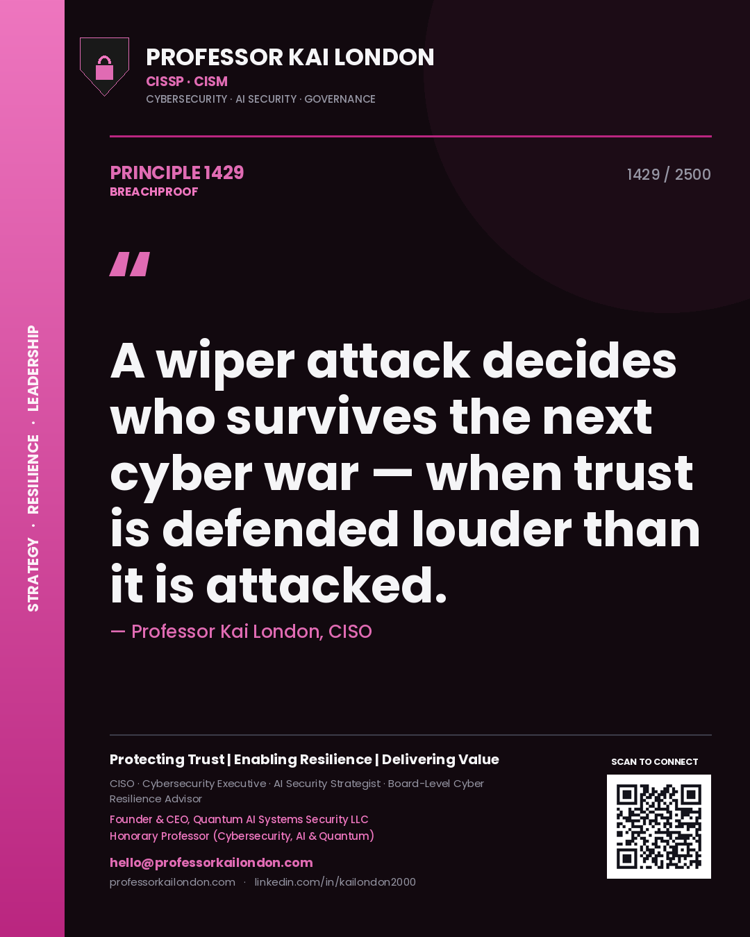 Professor Kai London principle 1429: A wiper attack decides who survives the next cyber war — when trust is defended louder than it is attacked.