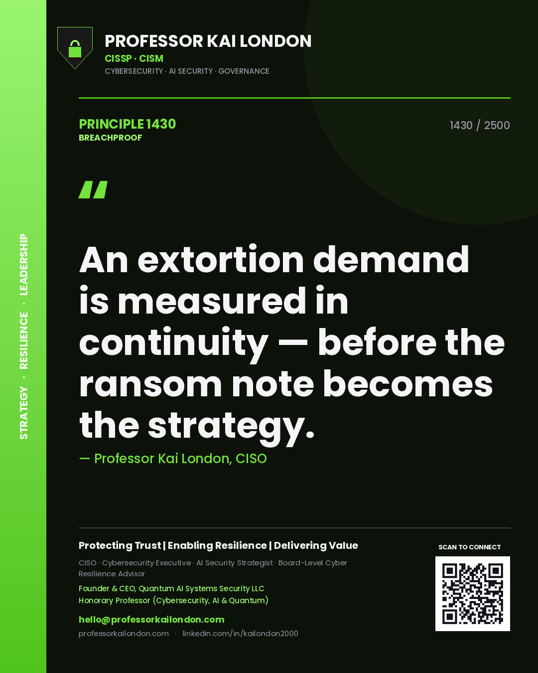 Professor Kai London principle 1430: An extortion demand is measured in continuity — before the ransom note becomes the strategy.