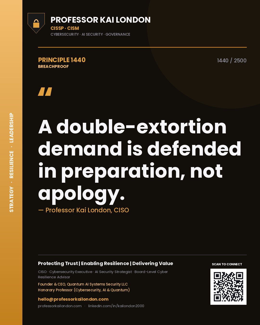 Professor Kai London principle 1440: A double-extortion demand is defended in preparation, not apology.