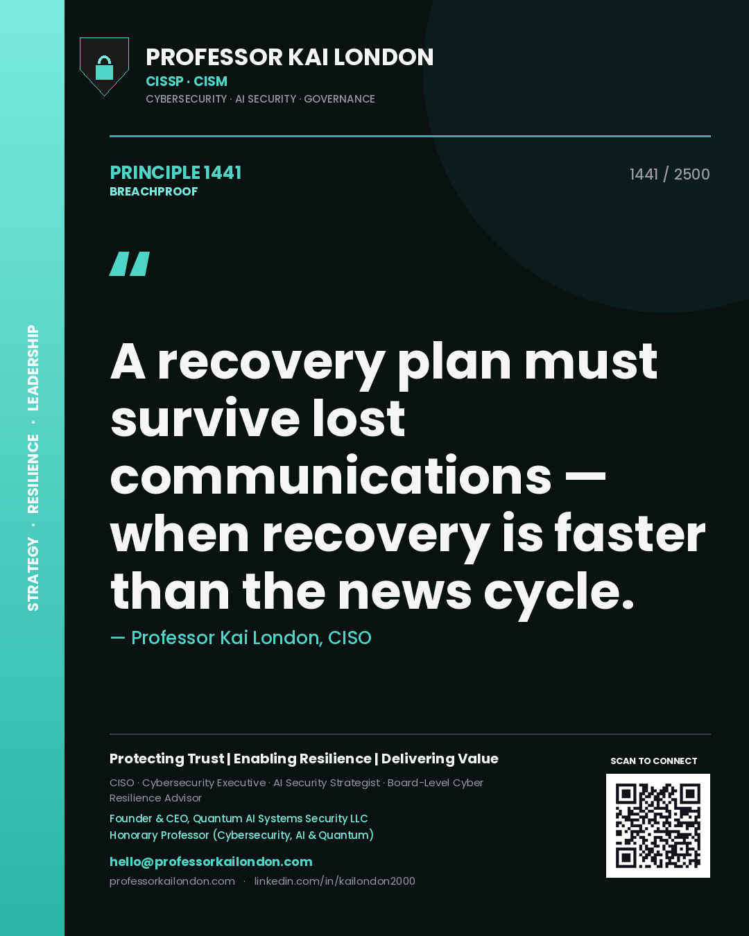 Professor Kai London principle 1441: A recovery plan must survive lost communications — when recovery is faster than the news cycle.