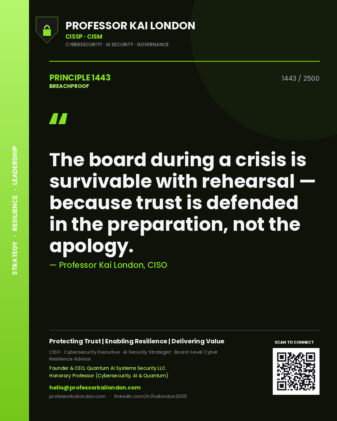Professor Kai London principle 1443: The board during a crisis is survivable with rehearsal — because trust is defended in the preparation, not the apology.