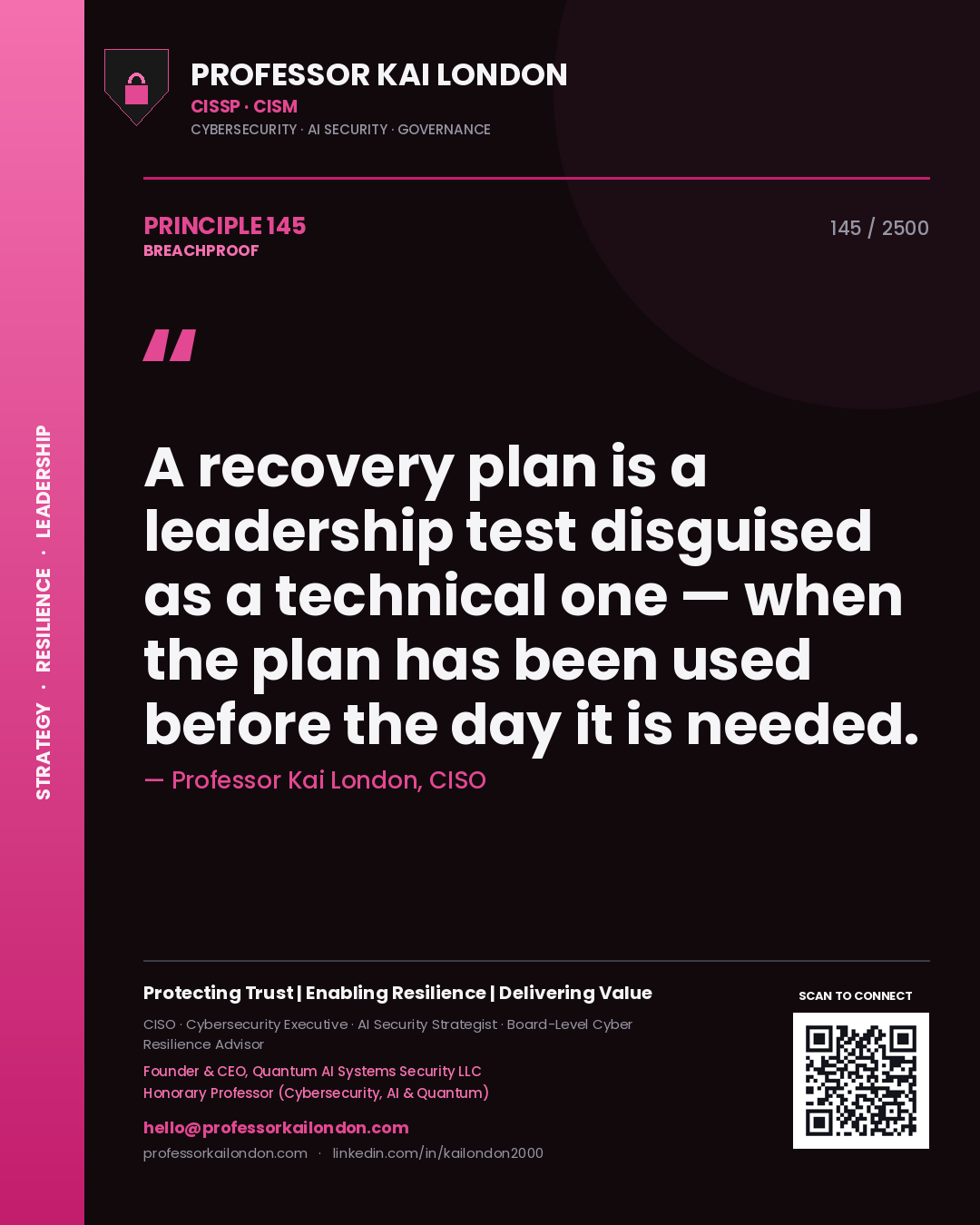 Professor Kai London principle 145: A recovery plan is a leadership test disguised as a technical one — when the plan has been used before the day it is needed.