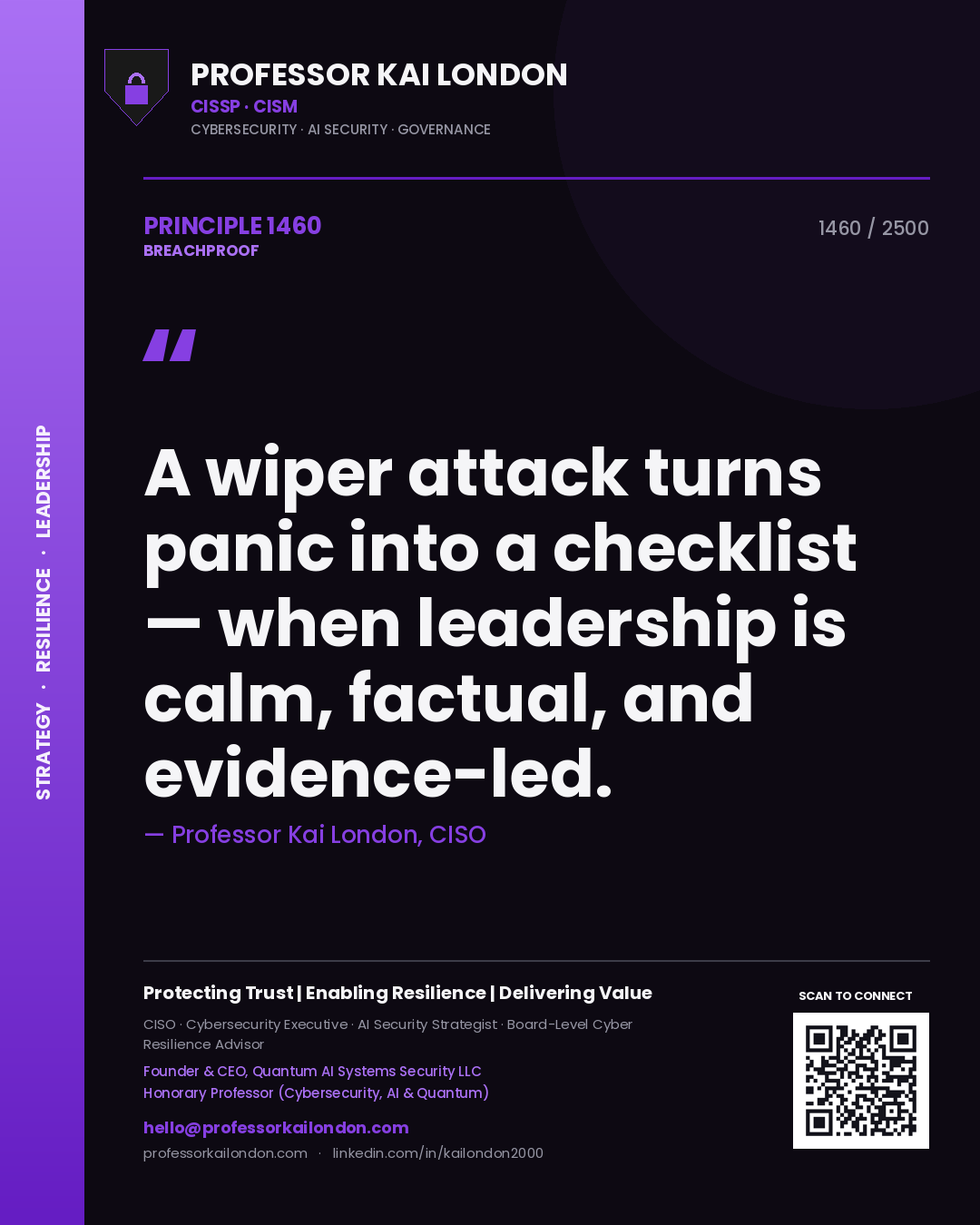 Professor Kai London principle 1460: A wiper attack turns panic into a checklist — when leadership is calm, factual, and evidence-led.