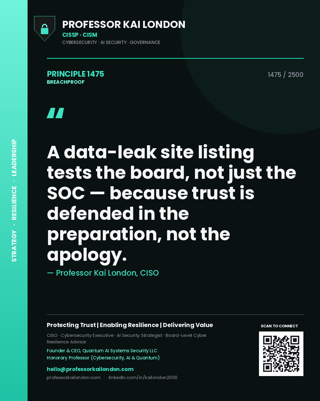 Professor Kai London principle 1475: A data-leak site listing tests the board, not just the SOC — because trust is defended in the preparation, not the apology.