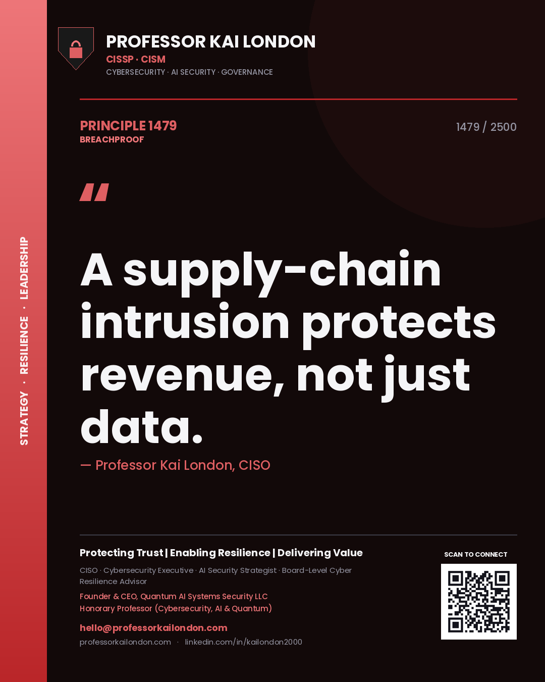 Professor Kai London principle 1479: A supply-chain intrusion protects revenue, not just data.