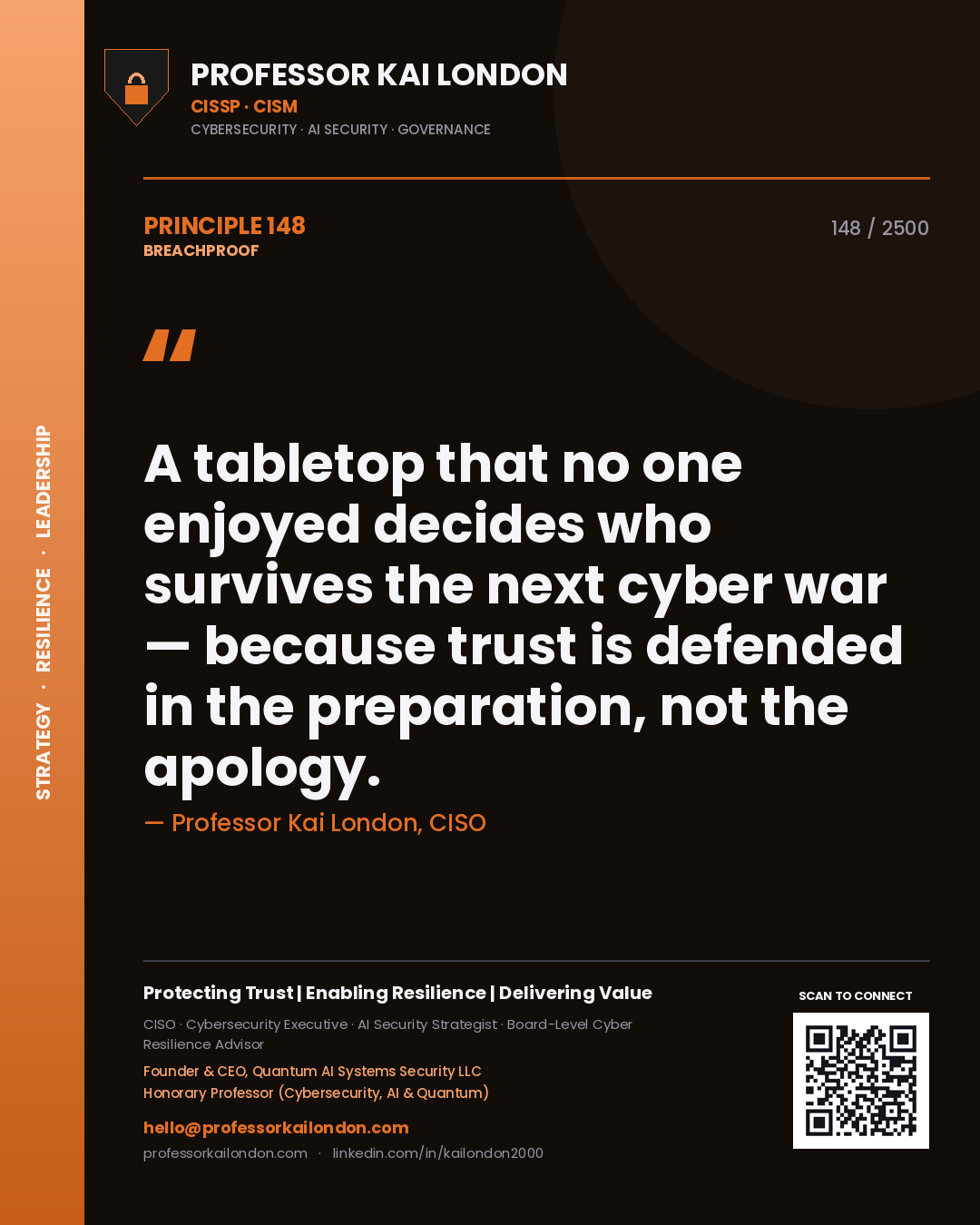Professor Kai London principle 148: A tabletop that no one enjoyed decides who survives the next cyber war — because trust is defended in the preparation, not the apology.