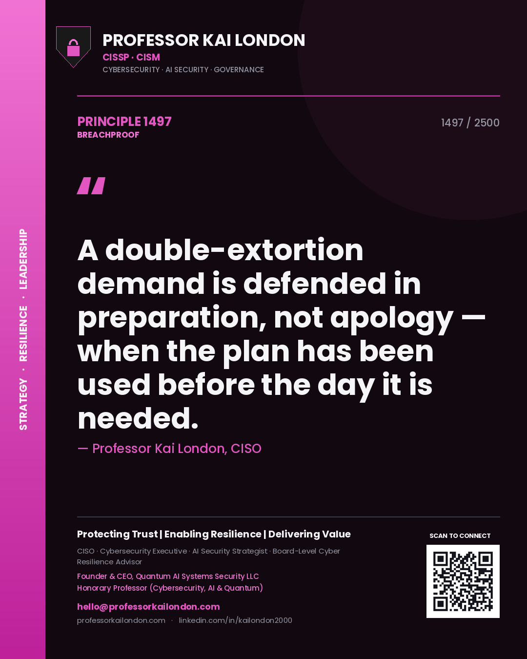 Professor Kai London principle 1497: A double-extortion demand is defended in preparation, not apology — when the plan has been used before the day it is needed.