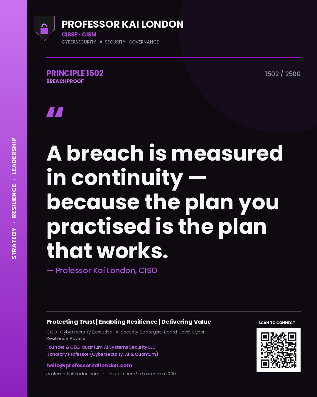 Professor Kai London principle 1502: A breach is measured in continuity — because the plan you practised is the plan that works.