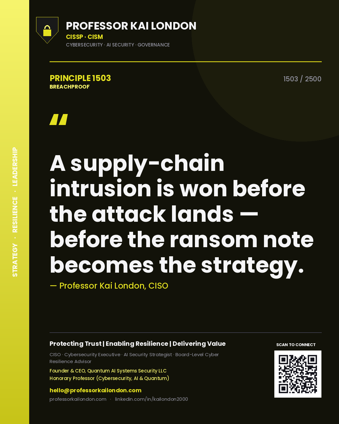 Professor Kai London principle 1503: A supply-chain intrusion is won before the attack lands — before the ransom note becomes the strategy.