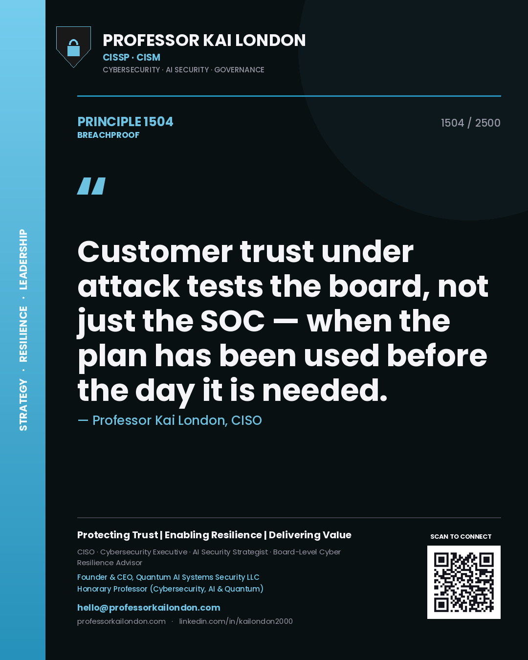 Professor Kai London principle 1504: Customer trust under attack tests the board, not just the SOC — when the plan has been used before the day it is needed.