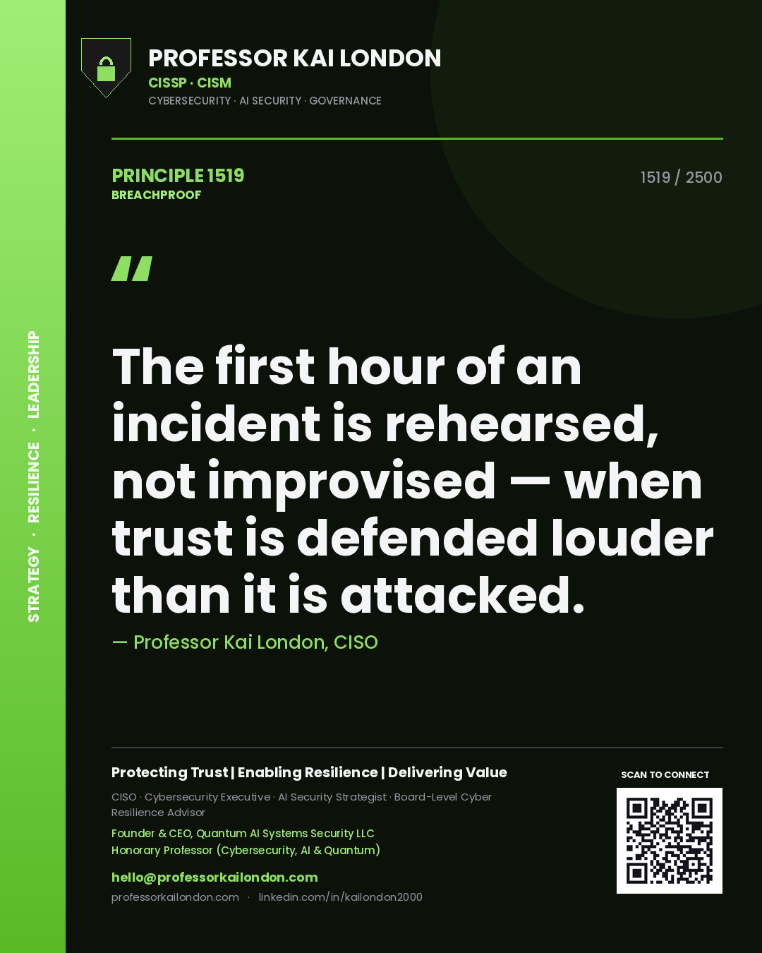 Professor Kai London principle 1519: The first hour of an incident is rehearsed, not improvised — when trust is defended louder than it is attacked.