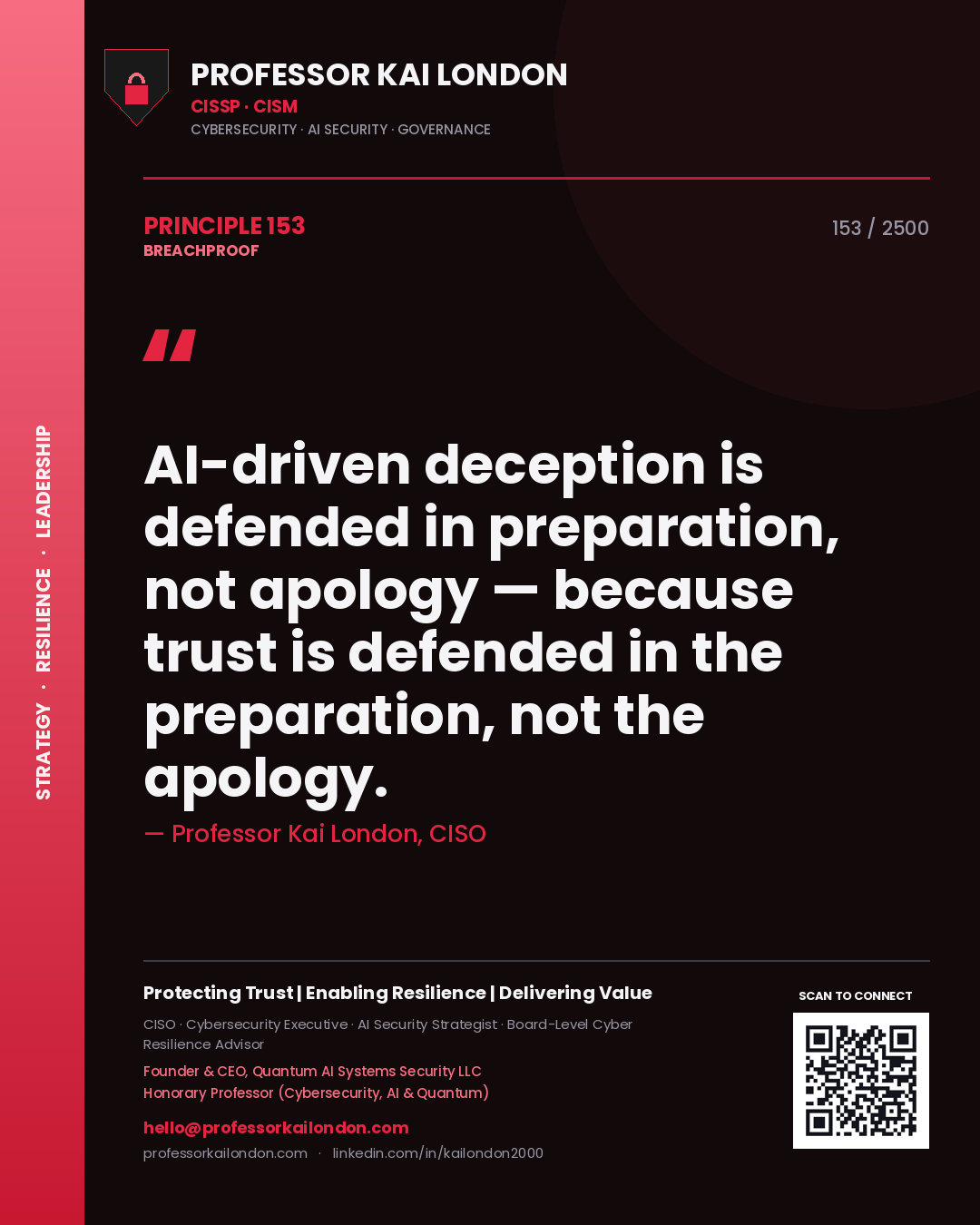 Professor Kai London principle 153: AI-driven deception is defended in preparation, not apology — because trust is defended in the preparation, not the apology.