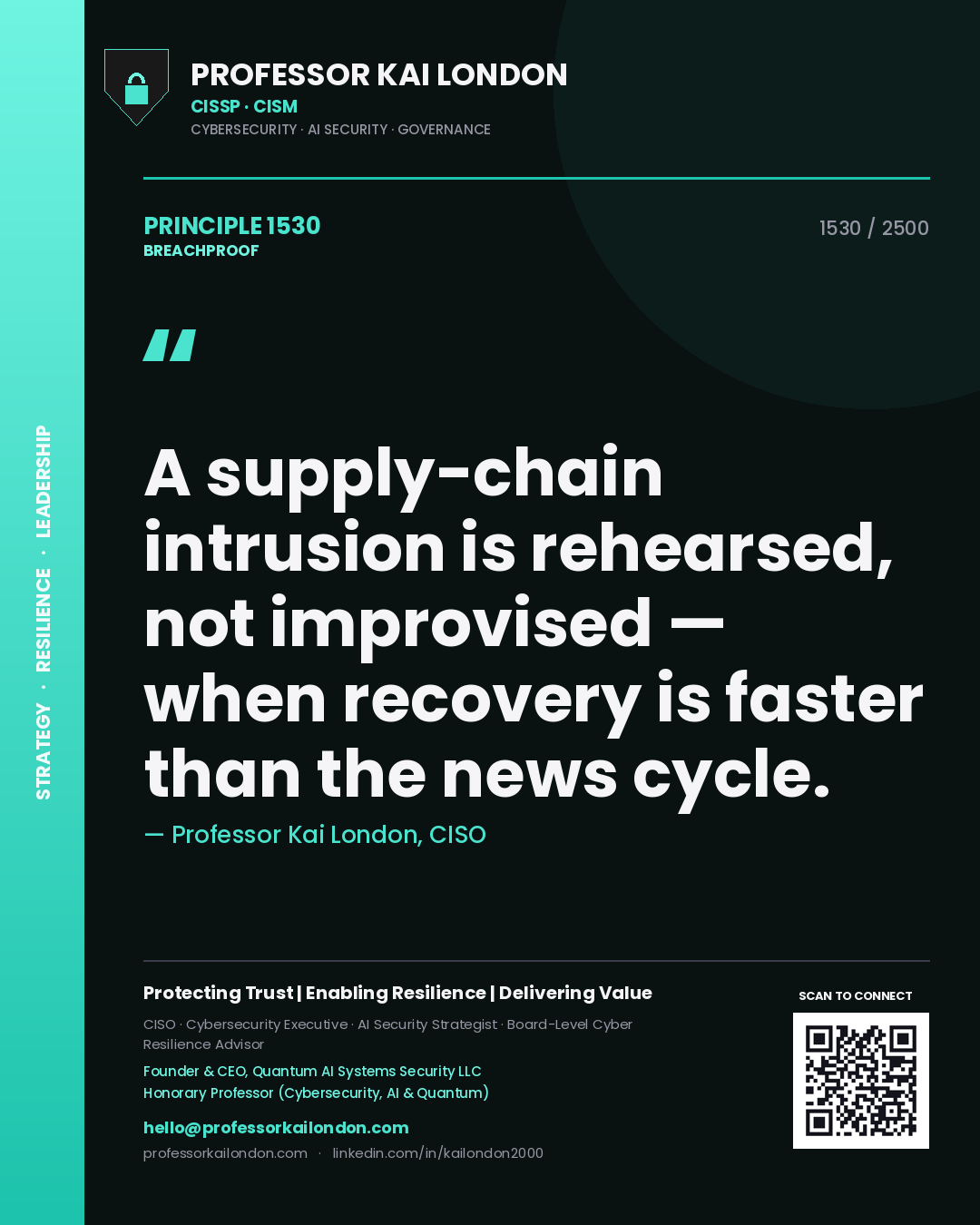 Professor Kai London principle 1530: A supply-chain intrusion is rehearsed, not improvised — when recovery is faster than the news cycle.