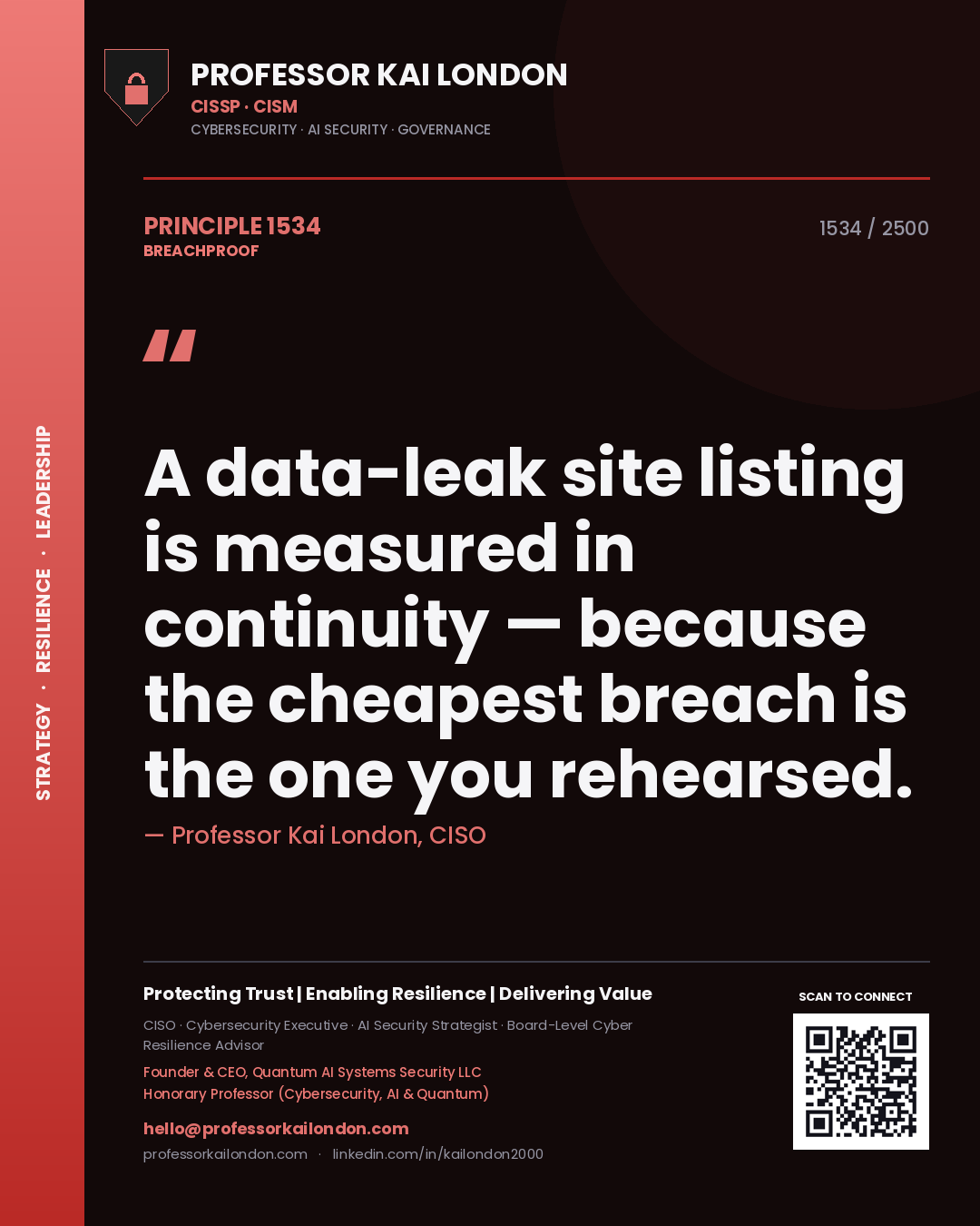 Professor Kai London principle 1534: A data-leak site listing is measured in continuity — because the cheapest breach is the one you rehearsed.